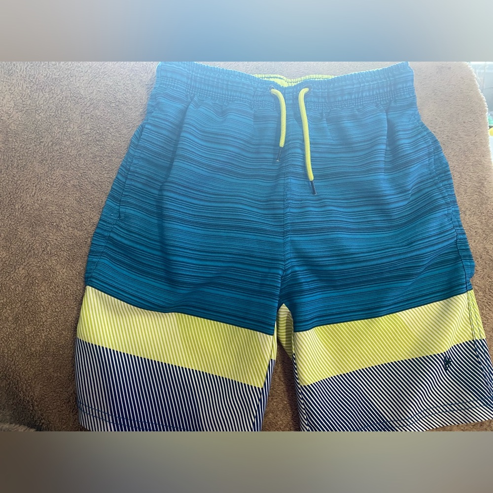 Spyder Boys' Swim Trunks - Large (10/12) - Blue/Neon Yellow Horizontal Stripe